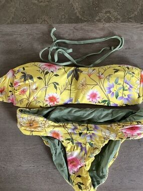 Yellow Floral Bandeau Bikini Set with Green Lining